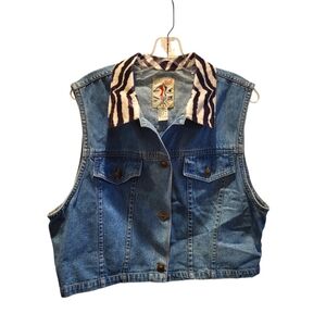 Vintage Studio Wear Jean Button Vest with Zebra Collar Cropped 100% Cotton  SzXL